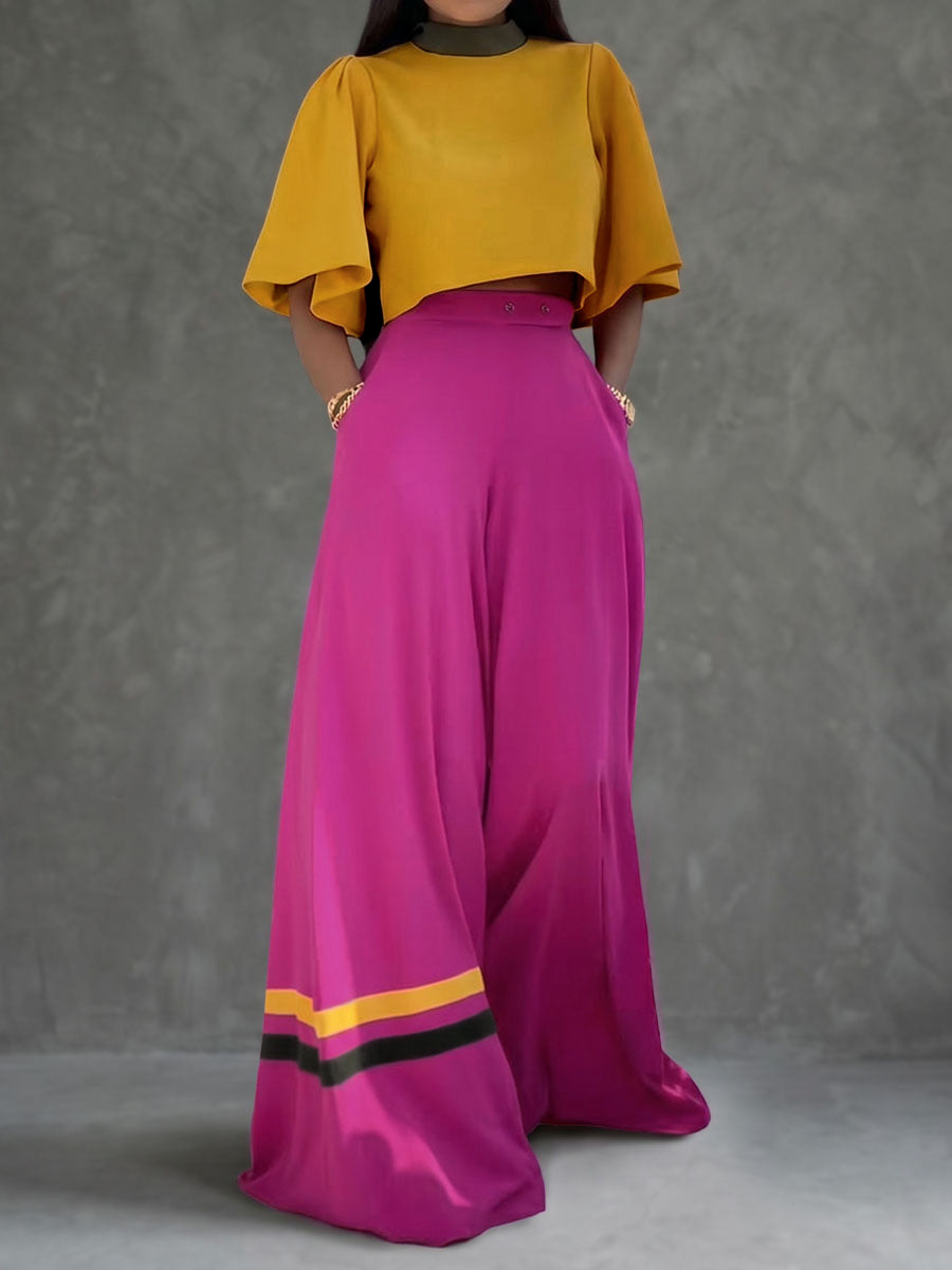 Buttoned Contrast Color Pockets High Waisted Wide Leg Trousers Pants