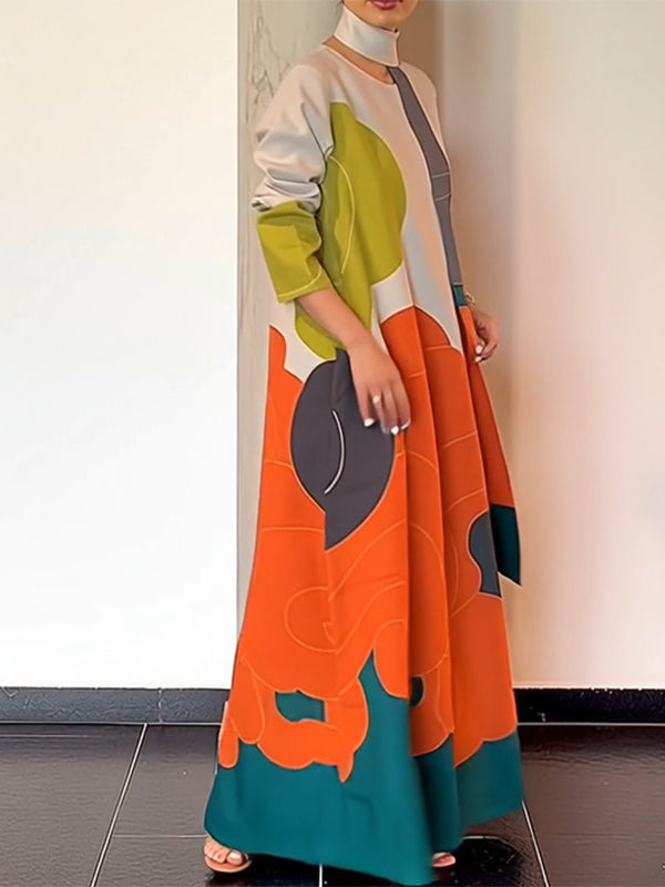 Printed Split-Joint Long Sleeves Loose Round-Neck Maxi Dresses