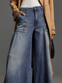 Wide Leg Buttoned Pockets Solid Color Split-Joint Zipper Jean Pants Bottoms Trousers