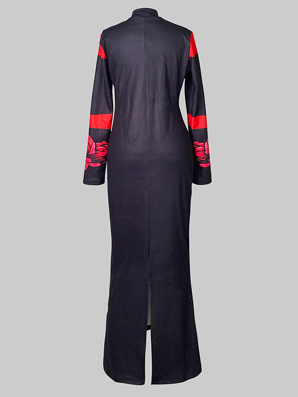 Flower Print Bodycon Long Sleeves High Neck Midi Dresses