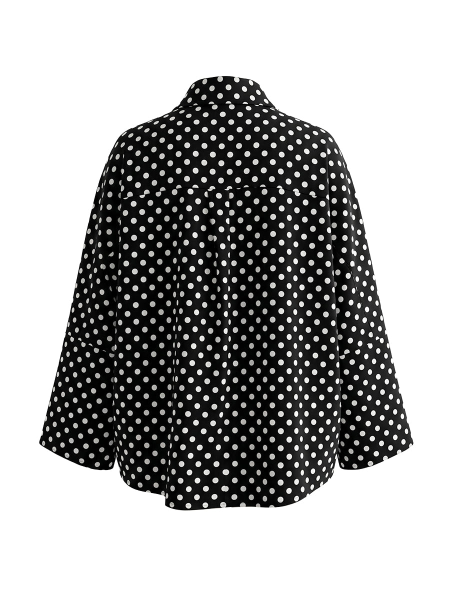 Long Sleeves Loose Buttoned Contrast Color Polka-Dot Split-Joint Lapel Blouses&Shirts Tops