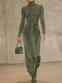 High Waisted Pleated Pockets Solid Color Velvet Pants Trousers