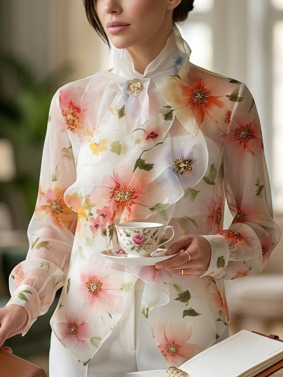 Long Sleeves Loose Flower Print Ruffled Tied Stand Collar Blouses&Shirts Tops