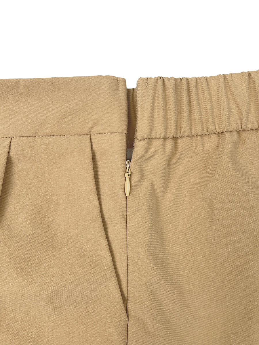 Pleated Pockets Solid Color Split-Joint Streamer High Waisted Wide Leg Cropped Trousers