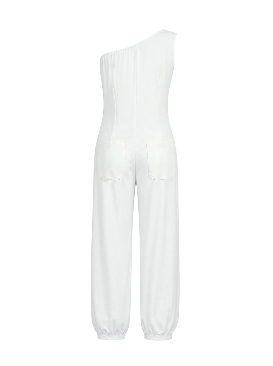 Pockets Solid Color Sleeveless One-Shoulder Jumpsuits