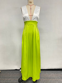 A-Line High Waisted Contrast Color Pleated Zipper Deep V-Neck Maxi Dresses