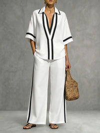 Half Sleeves Loose Contrast Color Lapel Blouses&Shirts Tops
