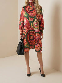A-Line Long Sleeves Contrast Color High Neck Midi Dresses