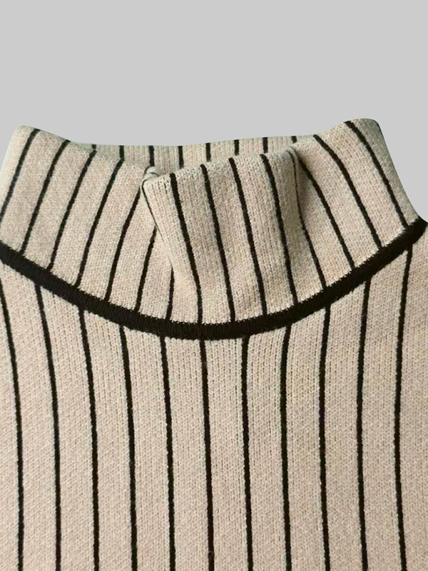 Contrast Color Striped Long Sleeves Skinny High Neck Sweater Dresses Midi Dresses