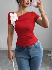 Short Sleeves Skinny Pleated Solid Color Three-Dimensional Flower Asymmetric Collar T-Shirts Tops