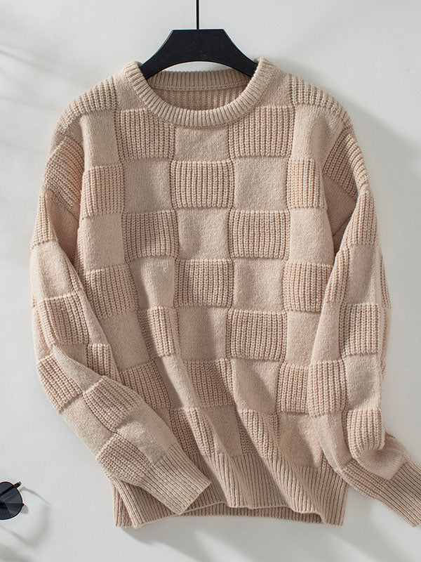 Long Sleeves Loose Solid Color Split-Joint Round-Neck Pullovers Sweater Tops