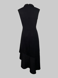 Asymmetric Buttoned Ruffle Trim Solid Color Loose Sleeveless Mock Neck Midi Dresses