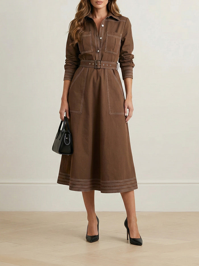 Buttoned Elasticity Pockets Solid Color Long Sleeves Loose Lapel Maxi Dresses
