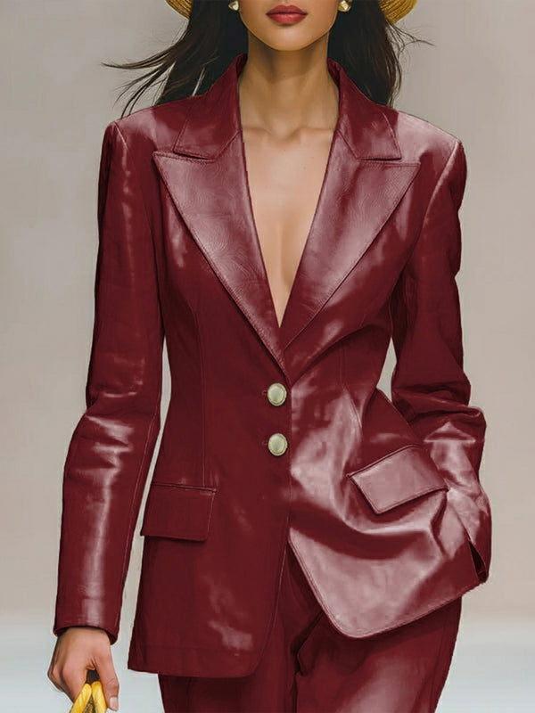 Buttoned Pockets Solid Color Long Sleeves Loose Notched Collar Outerwear Blazer