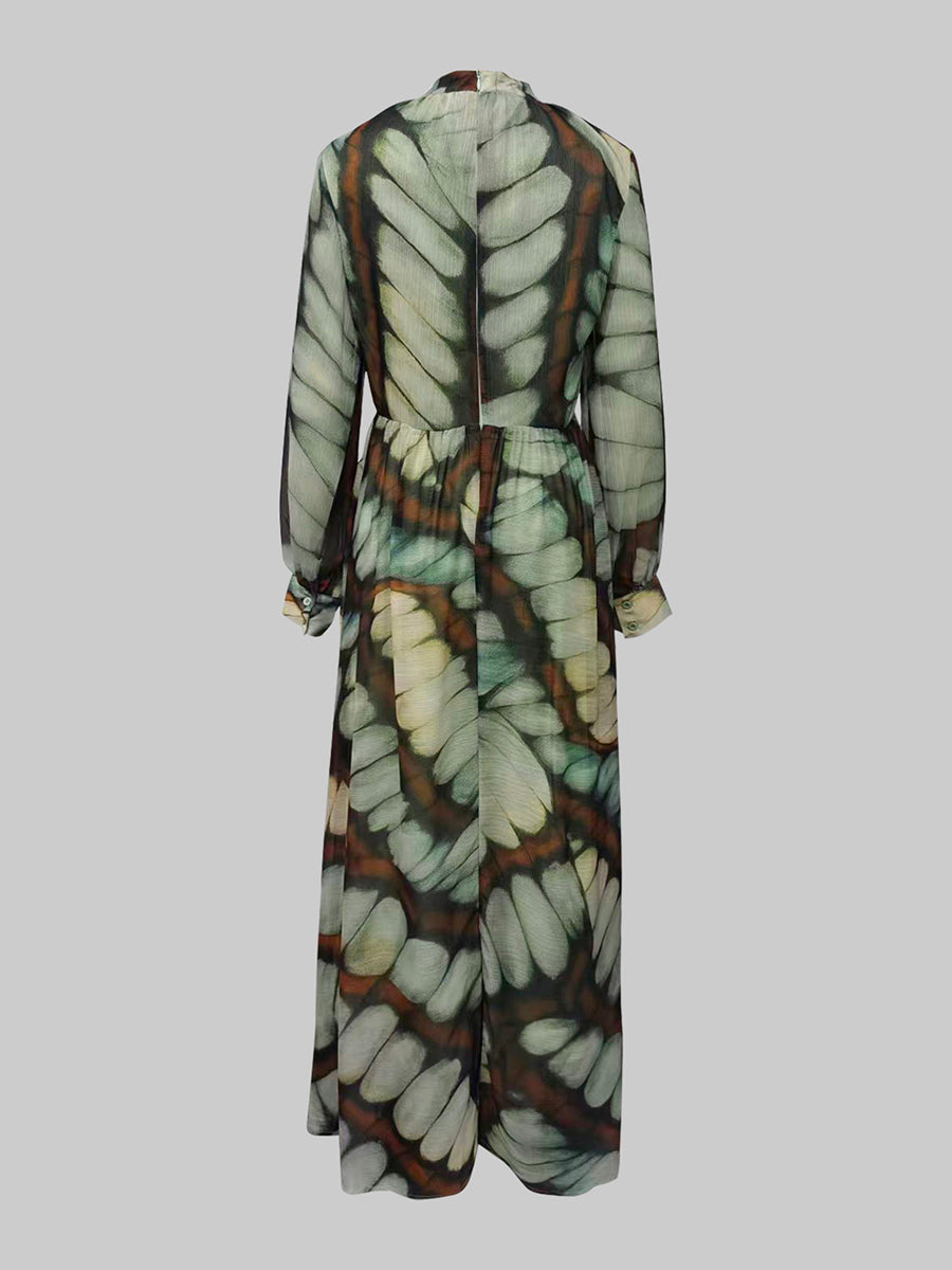 Balloon Sleeves Long Sleeves Big Hemline Contrast Color Pleated Print Zipper Stand Collar Maxi Dresses