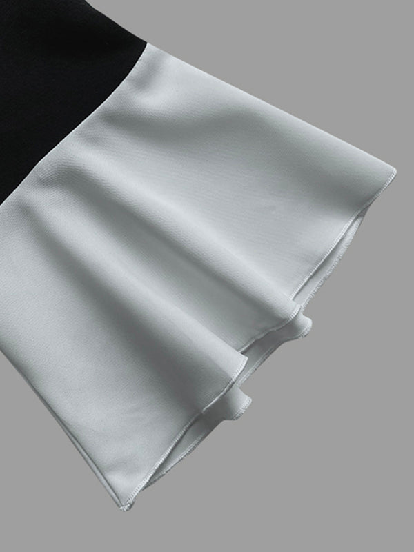 Flared Sleeves Half Sleeves Pleated Split-Joint Round-Neck Midi Dresses