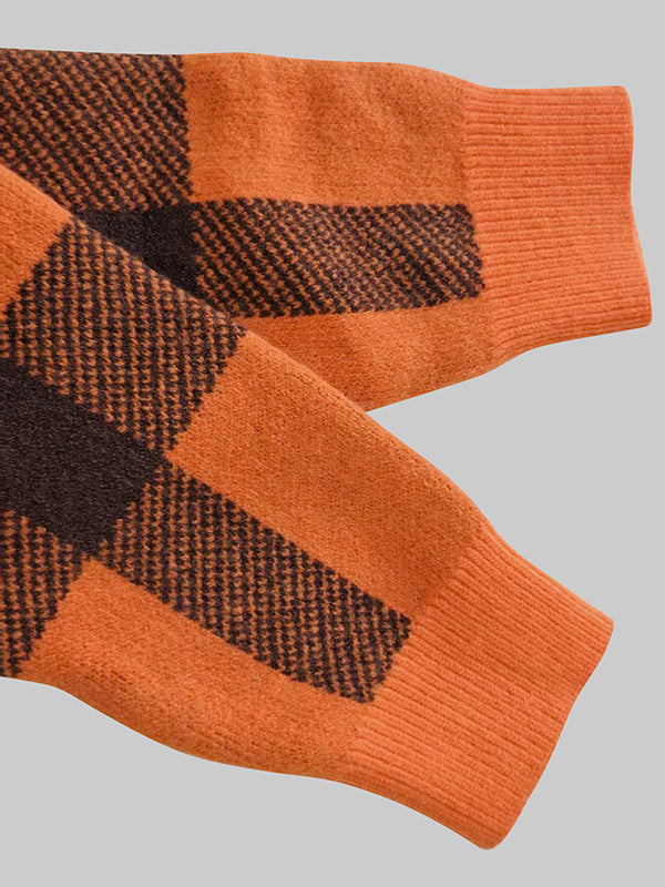 Contrast Color Plaid Long Sleeves Mock Neck Sweater Tops