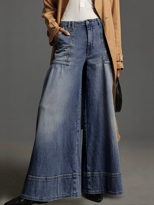 Wide Leg Buttoned Pockets Solid Color Split-Joint Zipper Jean Pants Bottoms Trousers