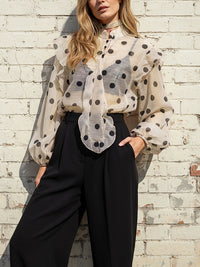 Long Sleeves Loose Buttoned Elasticity Polka-Dot Ruffle Trim See-Through V-Neck Blouses&Shirts Tops