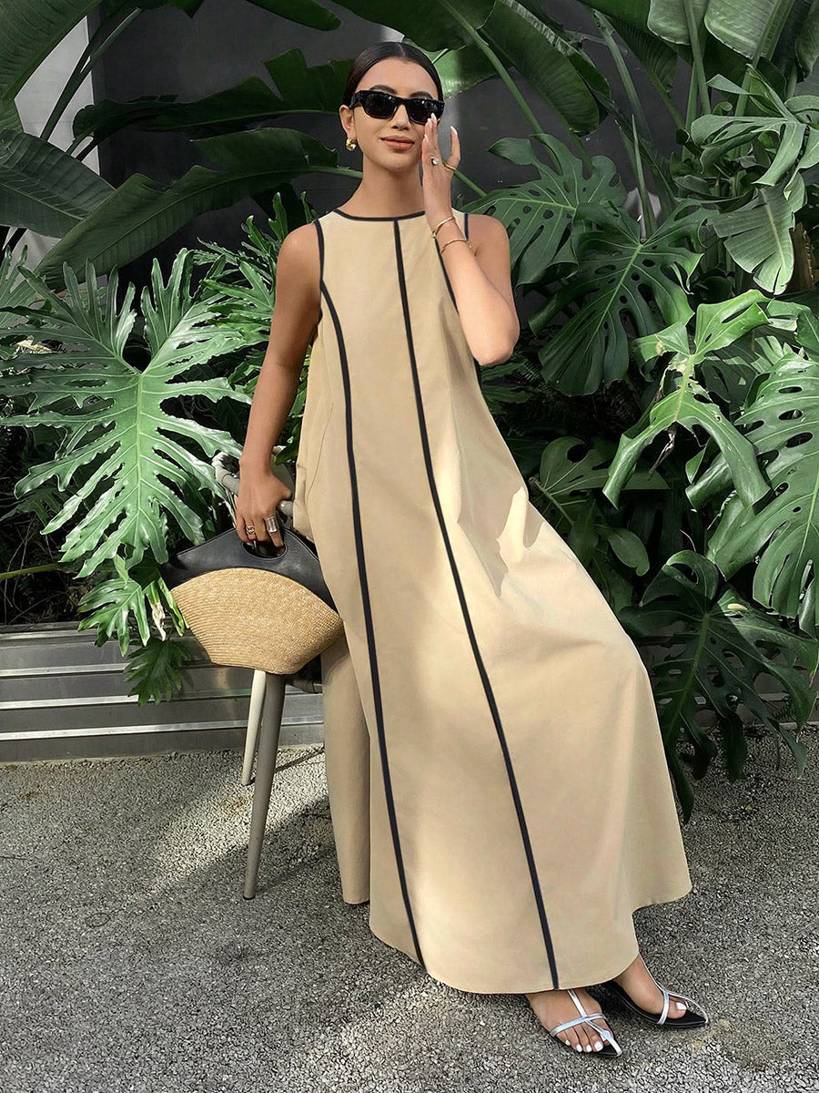 A-Line Loose Contrast Color Line Round-Neck Maxi Dresses