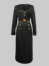 Buttoned Solid Color Long Sleeves Puff Sleeves Deep V-Neck Midi Dresses