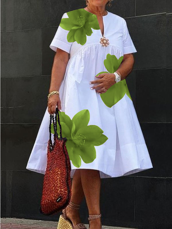 Flower Print Pleated A-Line Loose V-Neck Midi Dresses