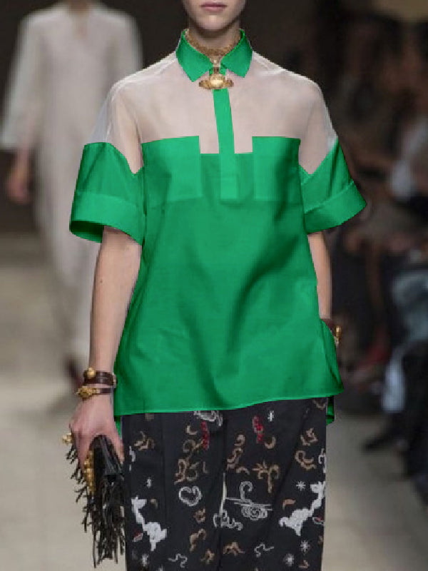 See-Through Solid Color Split-Joint Short Sleeves Lapel Blouses&shirts Tops