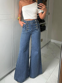High Waisted Loose Buttoned Split-Joint Jean Pants Bottoms