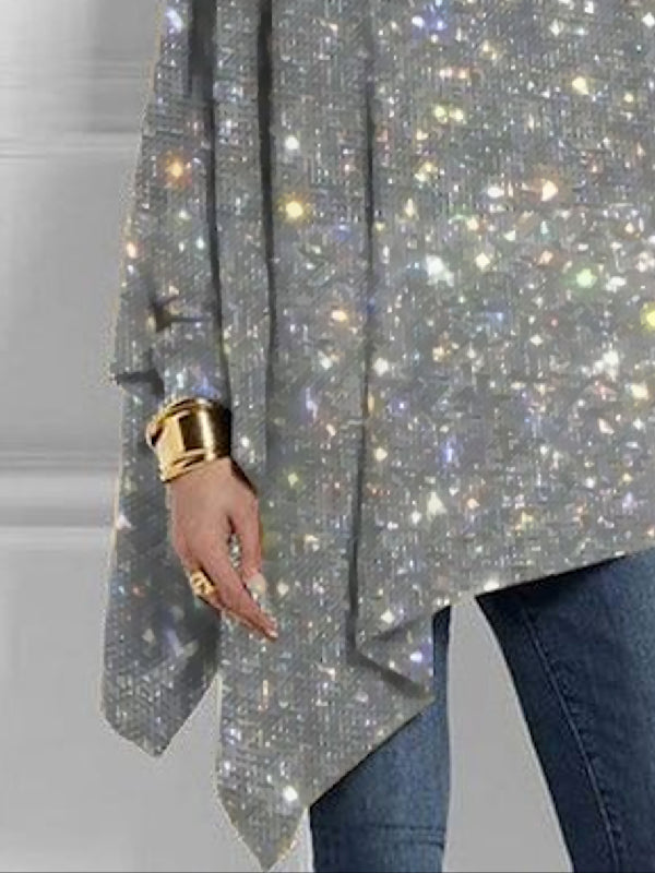Long Sleeves Loose Shiny High Neck T-Shirts Tops