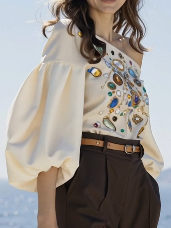 Long Sleeves Puff Sleeves Printed Off-The-Shoulder Blouses&Shirts Tops