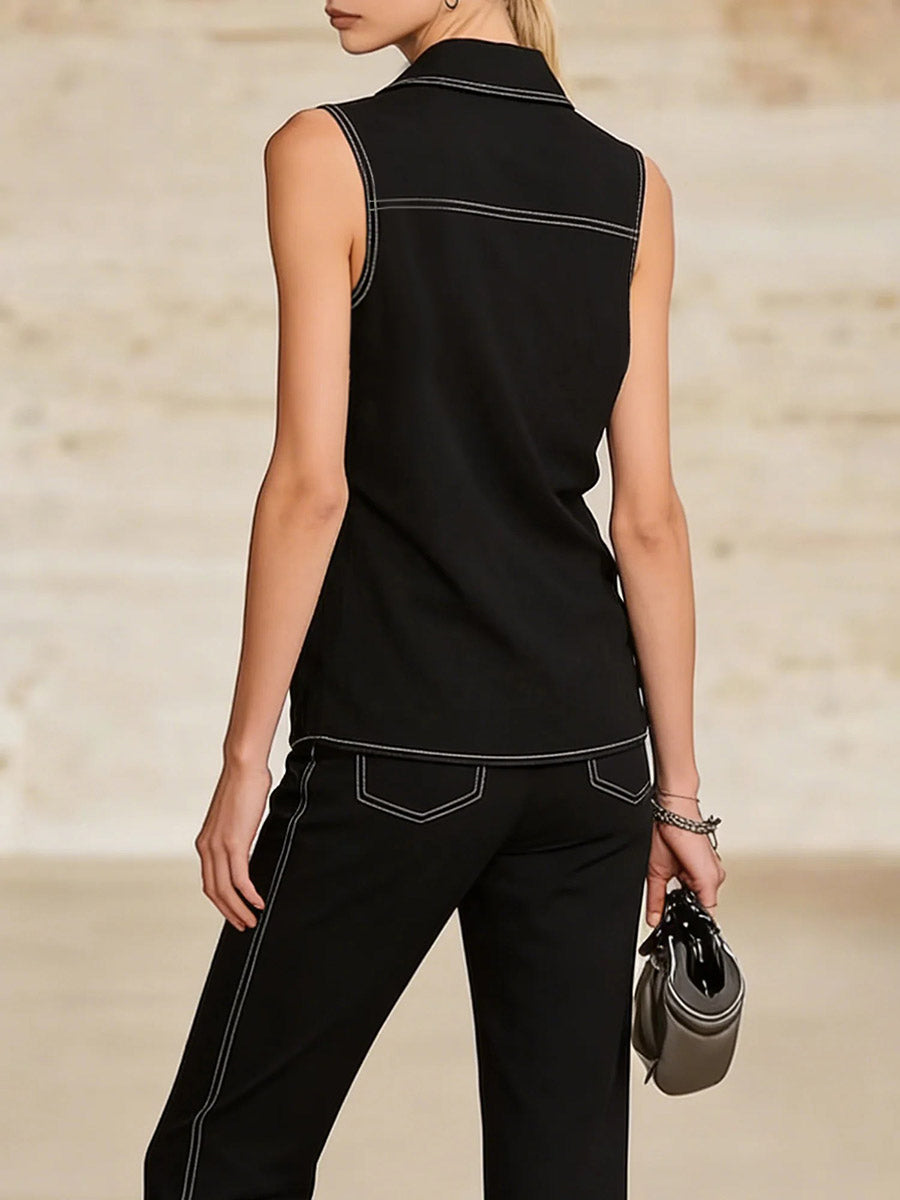 Line Solid Color Loose Sleeveless Lapel Vest Top