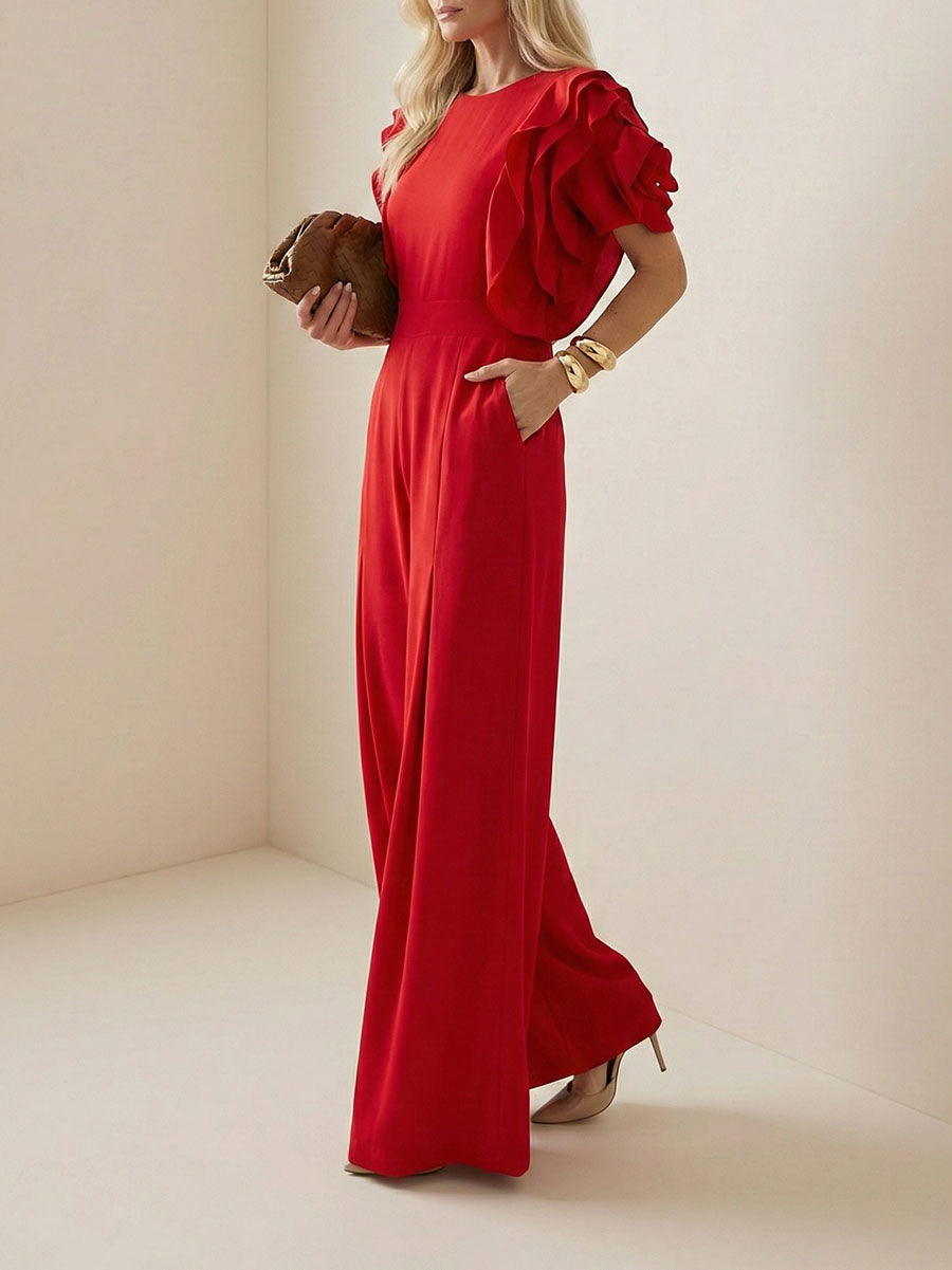 Falbala Solid Color Loose Short Sleeves Round-Neck Jumpsuits