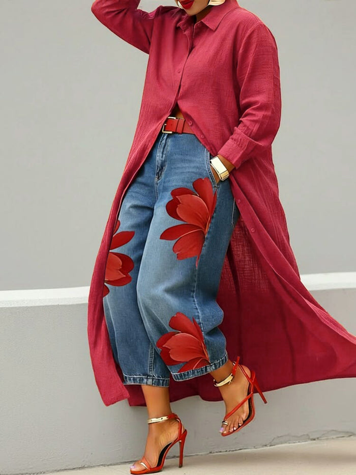 Buttoned Solid Color Long Sleeves Loose Lapel Blouses&Shirts Tops