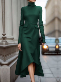 Long Sleeves Skinny Solid Color High Neck Midi Dresses