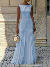 Gauze Pleated Solid Color Split-Joint Sleeveless Boat Neck Maxi Dresses Evening Dresses
