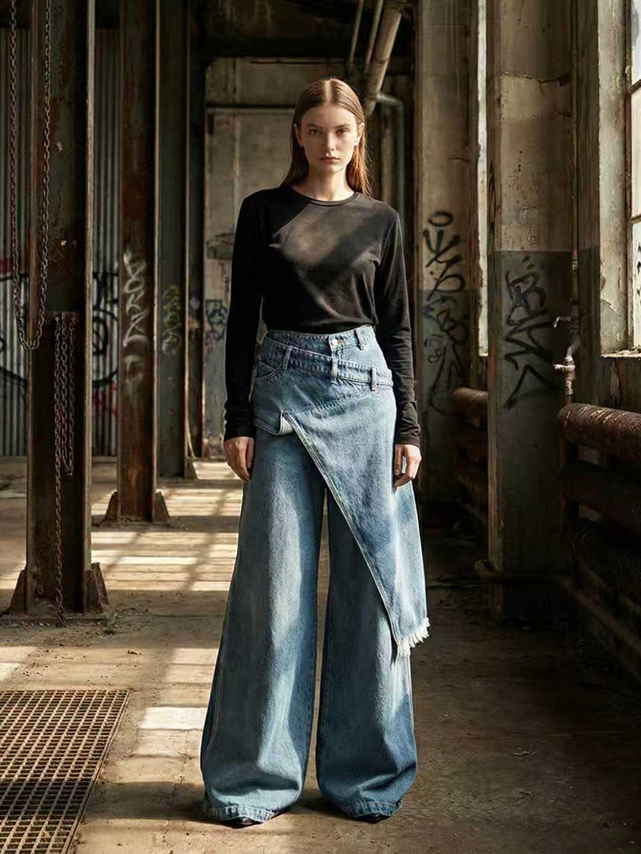 High Waisted Irregularity Asymmetric Buttoned Fringed Interlace Layered Pockets Solid Color Jean Pants Bottoms