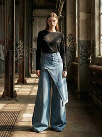 High Waisted Irregularity Asymmetric Buttoned Fringed Interlace Layered Pockets Solid Color Jean Pants Bottoms