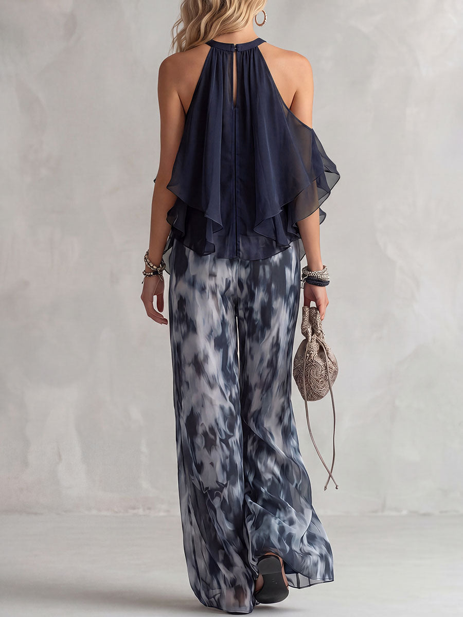 Pleated Ruffled Solid Color A-Line Sleeveless Halter-Neck Tank Top