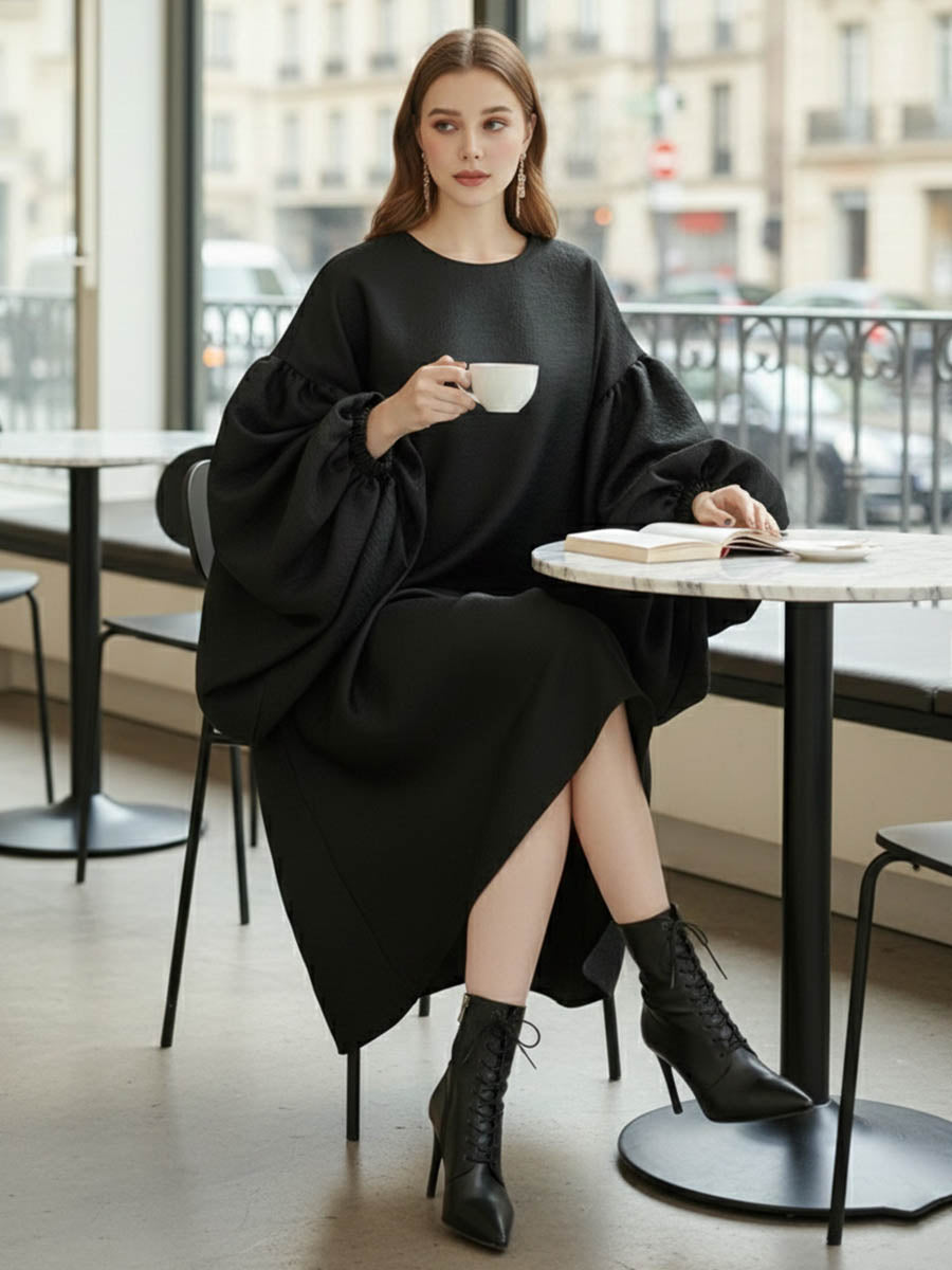 Batwing Sleeves High-Low Pleated Solid Color Split-Joint Round-Neck Midi Dresses