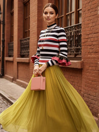 Long Sleeves Skinny Contrast Color Ruffled Split-Joint Striped Half Turtleneck Blouses&Shirts Tops