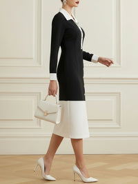Buttoned Contrast Color Split-front Split-Joint High Waisted Long Sleeves Lapel Midi Dresses