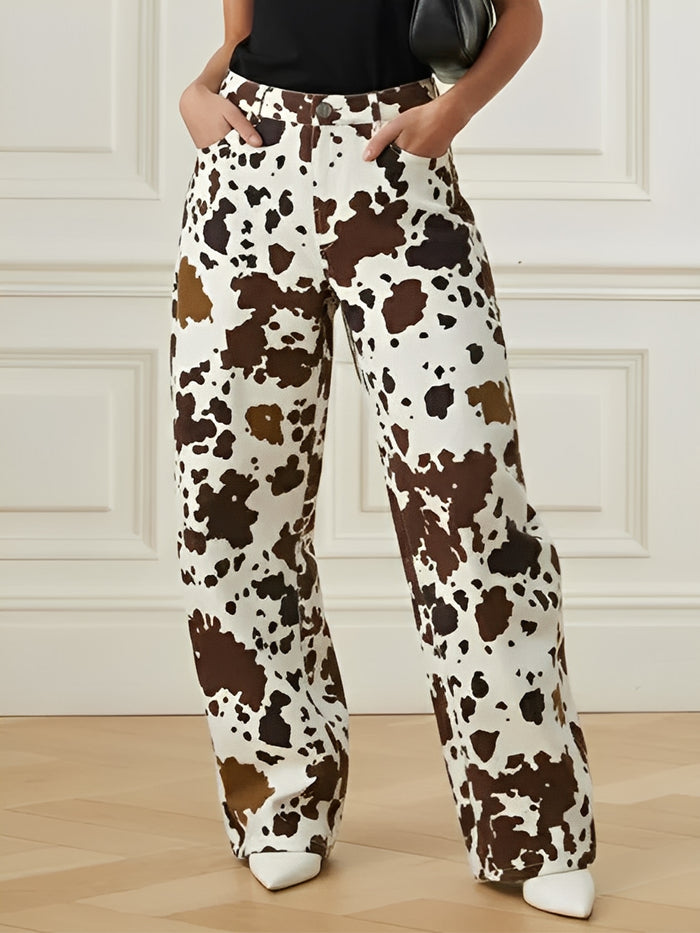 Elasticated Waist High Waisted Contrast Color Cow Printed Split-Joint Pants