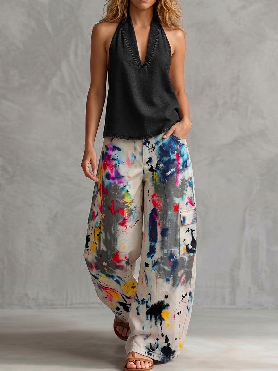 High Waisted Wide Leg Buttoned Contrast Color Graffiti Printed Pockets Jean Pants Bottoms