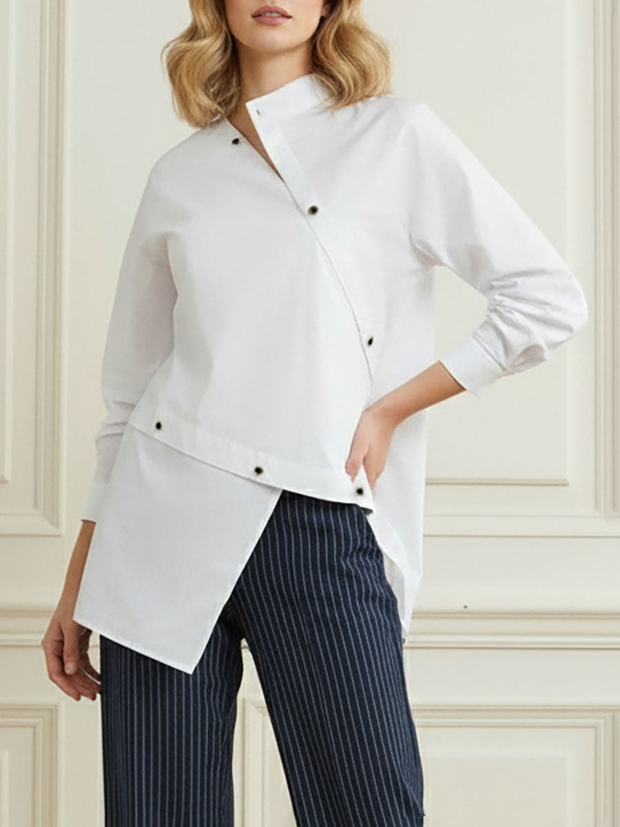 Long Sleeves Asymmetric Buttoned Split-Front Blouses&Shirts Tops