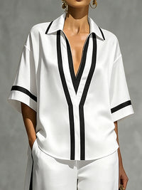 Half Sleeves Loose Contrast Color Lapel Blouses&Shirts Tops