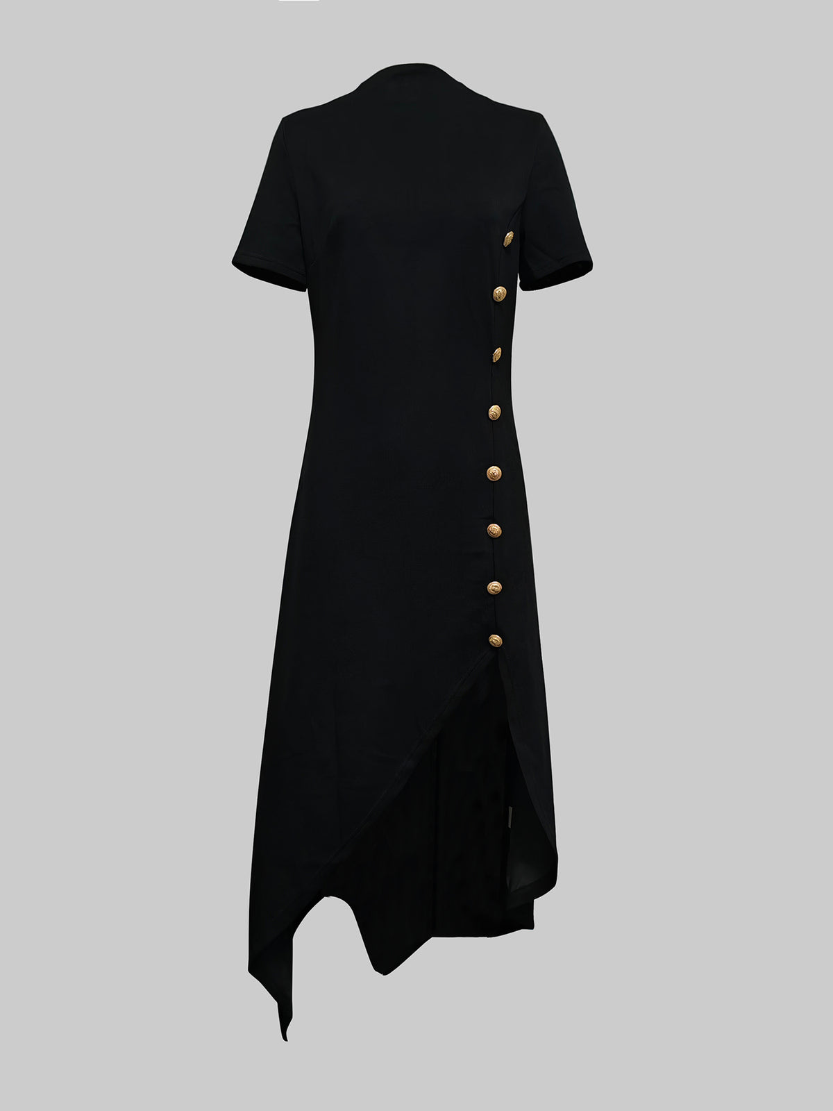 High-low Short Sleeves Buttoned Solid Color Round-neck Maxi Dresses