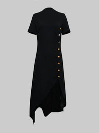 High-low Short Sleeves Buttoned Solid Color Round-neck Maxi Dresses
