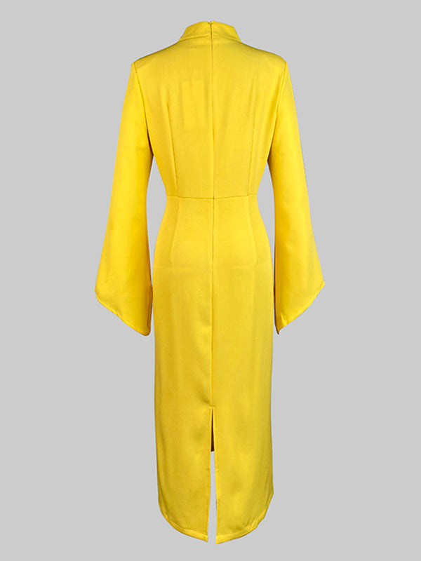 Buttoned Solid Color Flared Sleeves High Waisted Mock Neck Midi Dresses