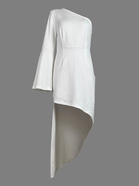 High-Low Long Sleeves Asymmetric Solid Color One-Shoulder Maxi Dresses