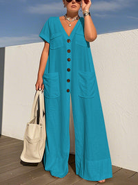 Buttoned Pockets Solid Color Loose Short Sleeves V-neck Jumpsuits